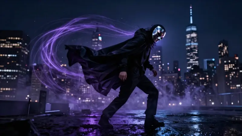 Sleepwalker, un superhéroe con máscara cromada y capa ondeante, proyecta su forma astral sobre el skyline nocturno de Nueva York, rodeado de energía y niebla volumétrica.