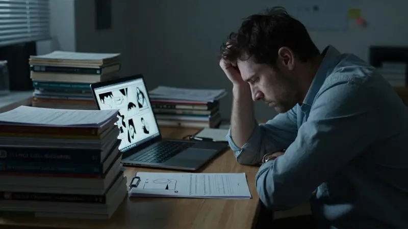 Psicólogo exhausto trabaja en su escritorio lleno de libros sobre análisis de sueños, con un panel fragmentado del cómic de Sleepwalker visible en su portátil. Ambiente melancólico e iluminación tenue.