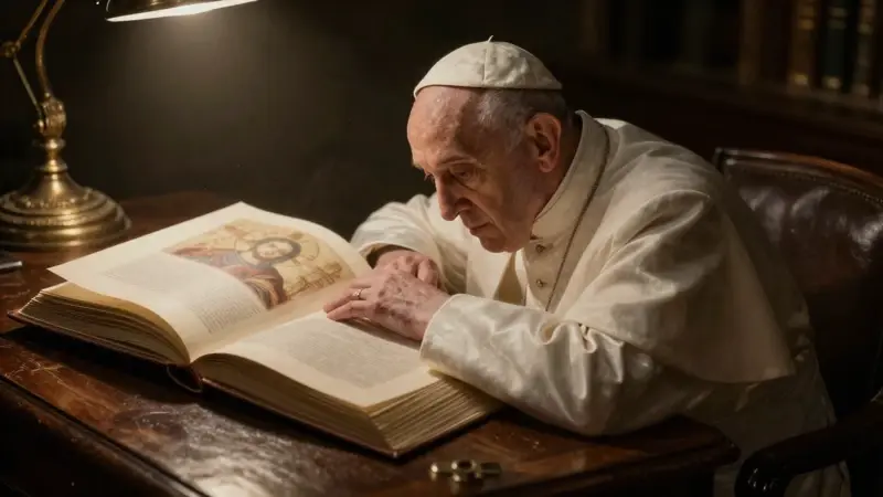 Papa Francisco translúcido y desvaneciéndose en un estudio antiguo con un libro abierto de iconografía religiosa.