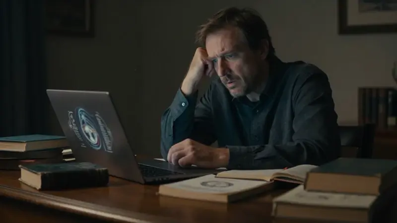 Hombre meditando frente a un escritorio con libros y un portátil, analizando sueños en un ambiente tenue y melancólico.