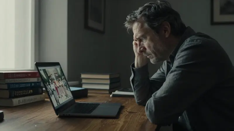 Hombre meditando frente a un portátil que muestra imágenes borrosas de una procesión papal, en un estudio con libros de psicología.