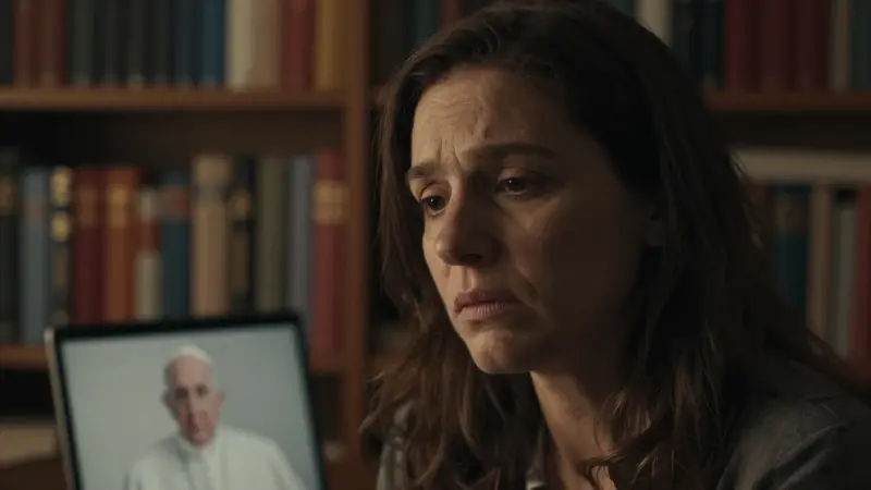 Mujer preocupada frente a un portátil que refleja la imagen del Papa Francisco, en un estudio con libros de psicología y religión.