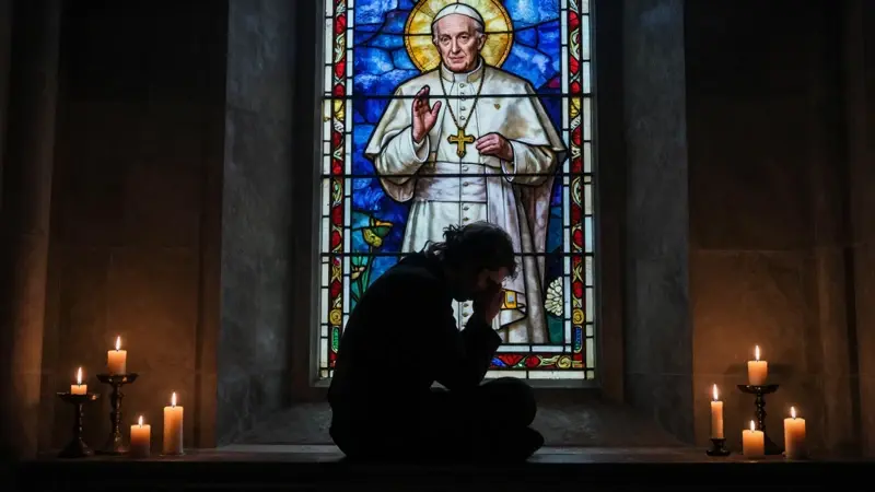 Silueta solitaria frente a una vidriera con la imagen del Papa Francisco en el interior de una iglesia tenuemente iluminada.