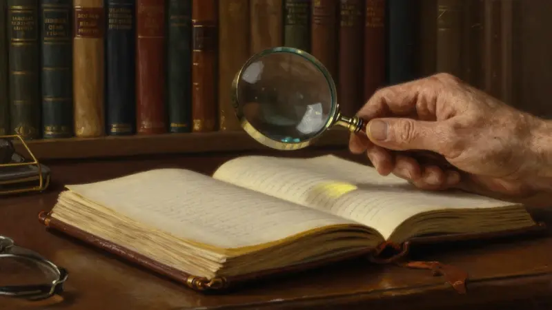 Mano sosteniendo una lupa sobre un diario de sueños antiguo en un estudio con libros de psicología y mitología.