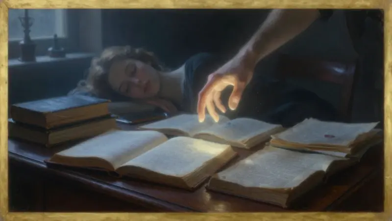 Mano etérea sobre una persona dormida en un estudio antiguo lleno de libros sobre psicología y sueños, con una atmósfera onírica y melancólica.