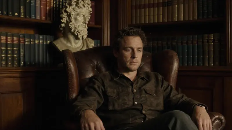 Hombre pensativo en un sillón, en un estudio con estanterías llenas de libros de psicología y una escultura clásica de una figura divina parcialmente en sombras.