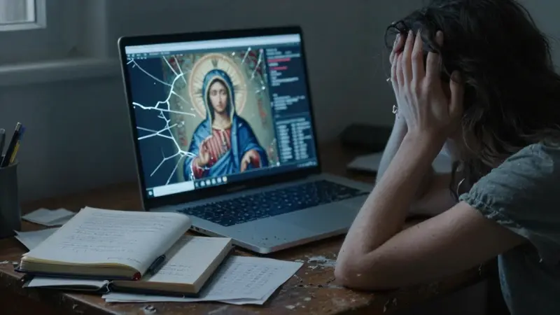 Mujer abrumada mirando una pantalla digital fragmentada con iconografía religiosa distorsionada, rodeada de diarios de sueños e investigación en un escritorio de madera desgastado.