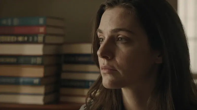 Mujer pensativa en un estudio con libros de psicología, evocando una atmósfera de introspección y búsqueda de significado.