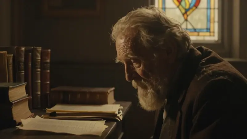 Retrato de rostro anciano y sabio, parcialmente en sombra, en un estudio antiguo con libros y notas a la luz dorada de una vidriera.