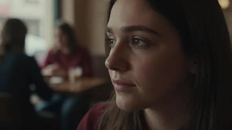 Joven mujer con mirada introspectiva en una cafetería tenuemente iluminada, con un ambiente melancólico y cálido.