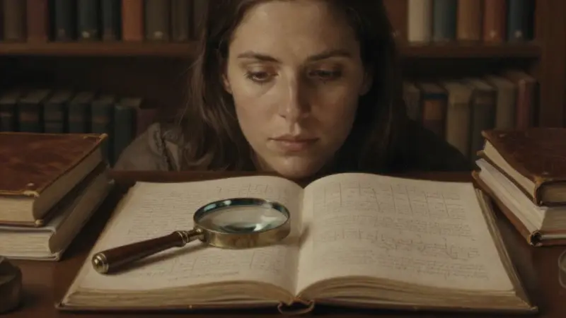 Primer plano de una mujer pensativa, con un escritorio lleno de diarios de sueños y notas analíticas en un estudio tenuemente iluminado. Estilo pictórico realista y tonos sepia melancólicos.