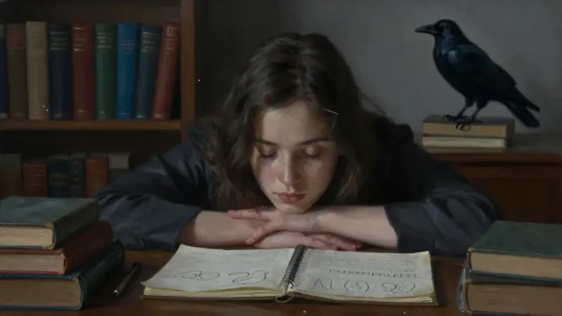 Joven mujer con los ojos cerrados concentrada en un escritorio antiguo lleno de libros y apuntes sobre sueños, en un ambiente melancólico y de estudio.