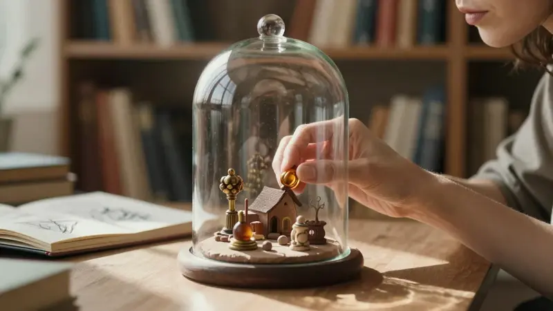 Manos ensamblando cuidadosamente un diorama en miniatura bajo una campana de cristal, en un estudio con libros y luz natural cálida.