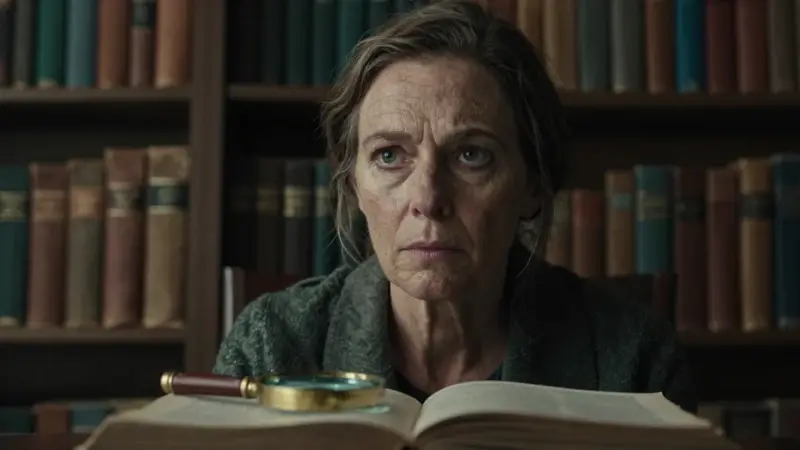 Retrato hiperrealista de una mujer de mediana edad, con mirada intensa, en una biblioteca antigua y poco iluminada rodeada de estanterías llenas de libros. Un lente de aumento descansa sobre un libro abierto, creando una atmósfera de contemplación silenciosa.