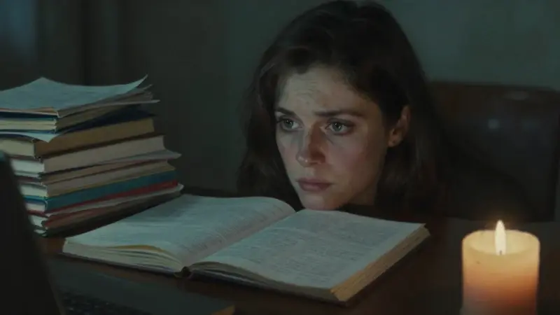 Mujer frustrada en un estudio lleno de cuadernos y notas de sueños, iluminada por la luz de una laptop y velas, con una expresión pensativa y melancólica.