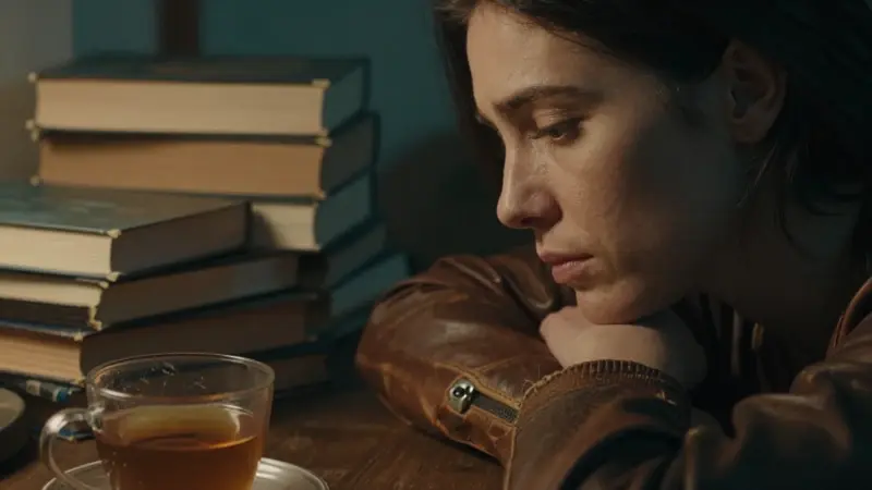 Mujer pensativa en un estudio tenuemente iluminado, rodeada de libros sobre análisis de sueños y una taza de té. Ambiente melancólico y de introspección.