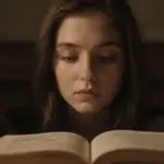 Joven mujer con expresión serena en un estudio antiguo con libros, observando un libro abierto con imágenes oníricas tenues.