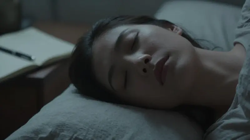 Mujer durmiendo plácidamente en su cama, con un diario y bolígrafo sobre la mesita de noche a su lado. Ambiente íntimo y sosegado de dormitorio, con iluminación suave y tonos azules y grises.