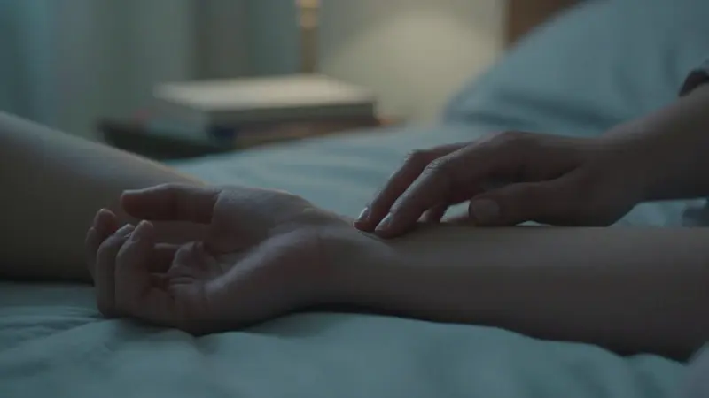 Manos trazando suavemente el brazo de una persona dormida en un dormitorio tenuemente iluminado, con una atmósfera íntima y soñadora.