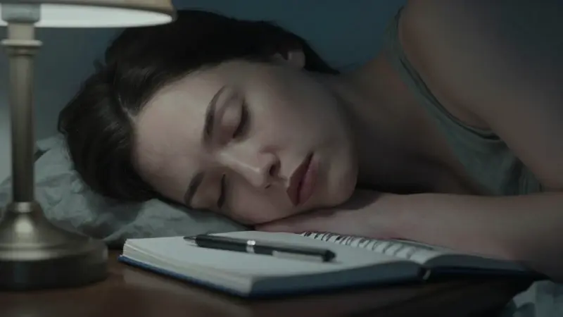 Mujer durmiendo plácidamente con una ligera expresión de preocupación, en un dormitorio tenuemente iluminado con un diario de sueños y un bolígrafo sobre la mesita de noche.
