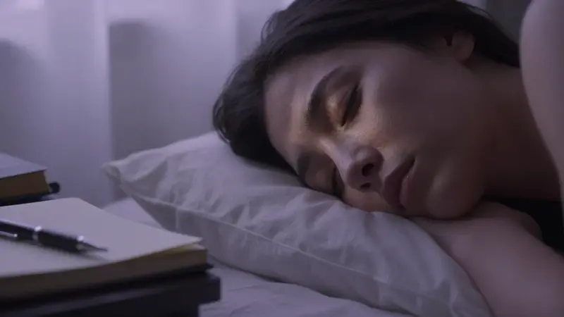 Mujer durmiendo plácidamente sobre una almohada blanca, con luz tenue y un diario de sueños abierto en la mesita de noche.