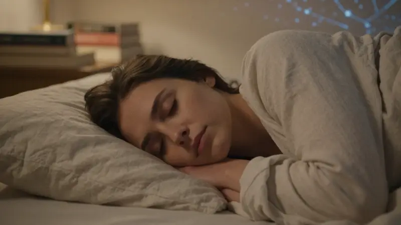 Mujer durmiendo plácidamente en una cama con sábanas de lino, en un dormitorio tenue y cálidamente iluminado. Ambiente onírico y relajante.