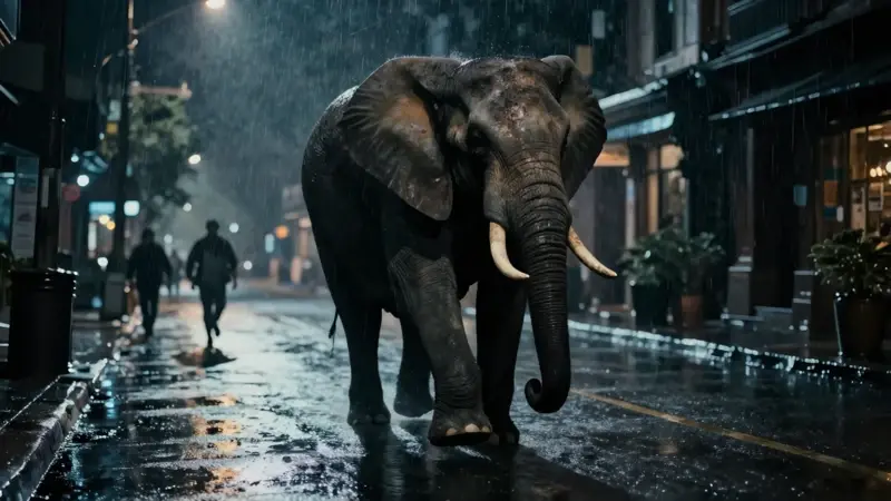 Elefante atacando en una calle urbana nocturna y lluviosa, reflejando luces de ciudad. Personas huyen en el fondo.