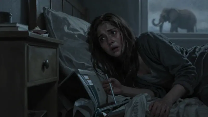 Mujer asustada en un dormitorio desordenado, con la silueta borrosa de un elefante atacando visible a través de la ventana.