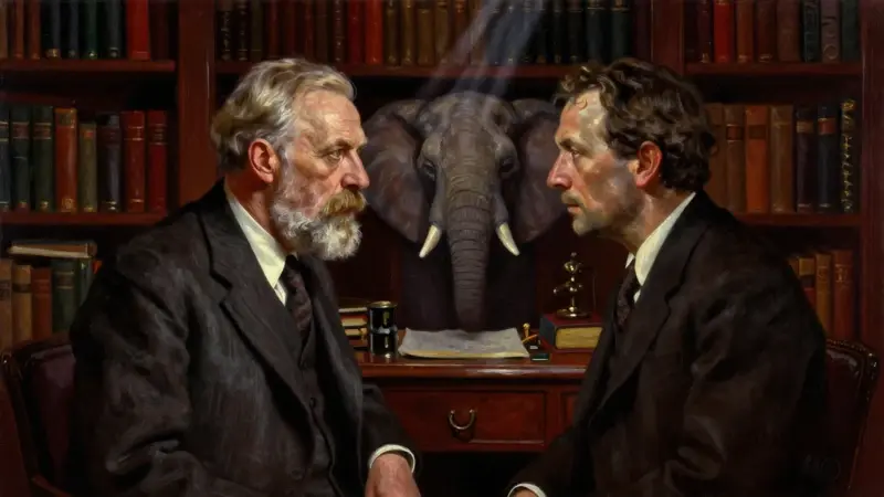 Retrato dramático de Sigmund Freud y Carl Jung en un estudio antiguo, con una cabeza de elefante espectral apareciendo brevemente entre ellos.