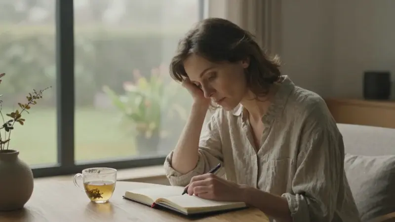 Mujer reflexiva escribiendo en un diario en un salón moderno y luminoso, con una taza de té a su lado y vistas a un jardín brumoso.