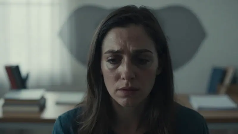 Mujer angustiada con la silueta borrosa de un elefante amenazante detrás, en un consultorio de terapia tenuemente iluminado.