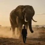 Silueta de una persona observando a un elefante arremetiendo en una sabana africana polvorienta al atardecer.