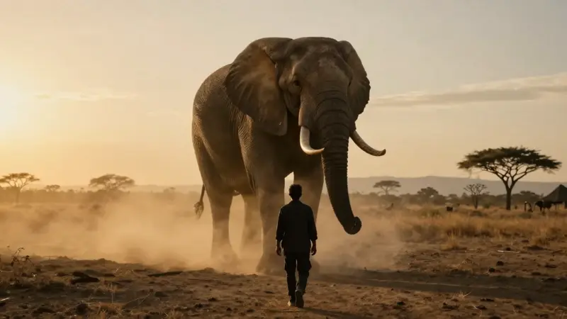 Silueta de una persona observando a un elefante arremetiendo en una sabana africana polvorienta al atardecer.