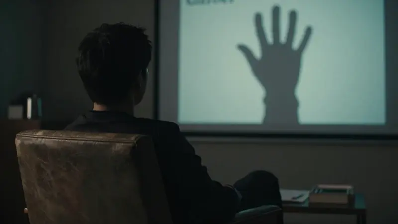 Sesión de análisis de sueños en un consultorio psicológico tenuemente iluminado, con la silueta de un paciente y la proyección de la icónica guante de Freddy Krueger en una pantalla.