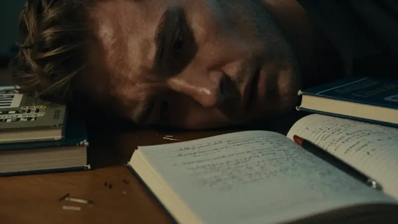 Primer plano de un hombre angustiado, con la cara parcialmente en sombra, en un estudio con libros de psicología y diarios de sueños. El ambiente es tenso y la iluminación tenue sugiere una noche de inquietud.