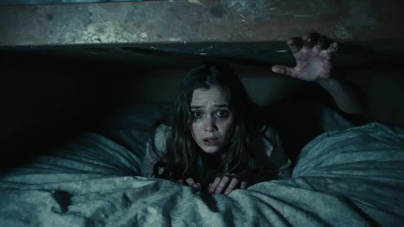 Joven mujer aterrorizada en su dormitorio, con la mano con garras de Freddy Krueger asomando por debajo de la cama en un ambiente oscuro y amenazante.