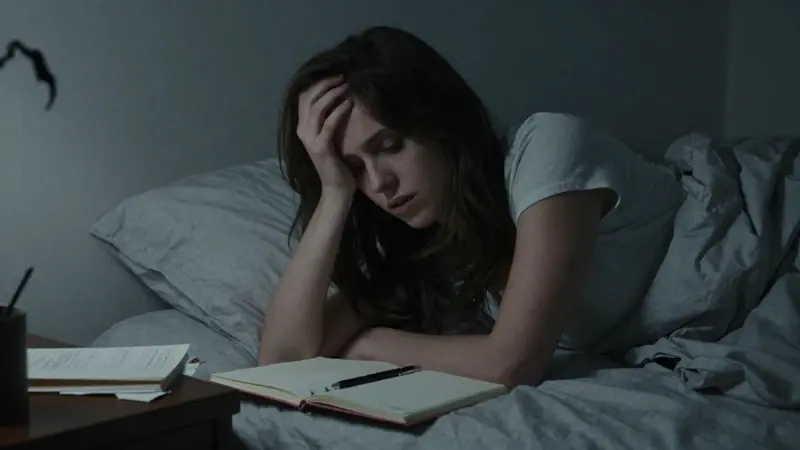 Joven angustiada en su dormitorio, con un diario de sueños abierto y una penumbra que evoca una atmósfera opresiva y pesadillesca.