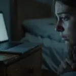 Joven preocupada en su dormitorio, con la imagen distorsionada de la mano con garras de Freddy Krueger en la pantalla de su portátil.