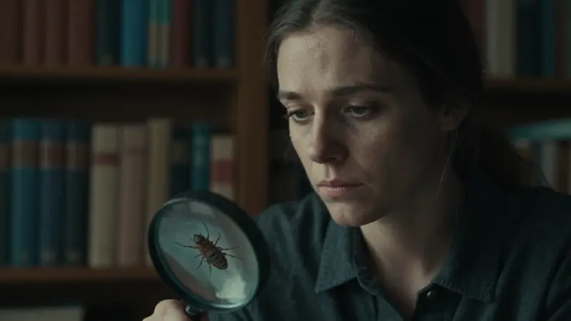 Mujer pensativa en un estudio con libros, observando a través de una lupa la ilustración detallada de un piojo. Ambiente melancólico y tenue.