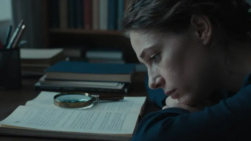 Mujer pensativa con la cabeza ligeramente inclinada, en un estudio con libros y un diario abierto.