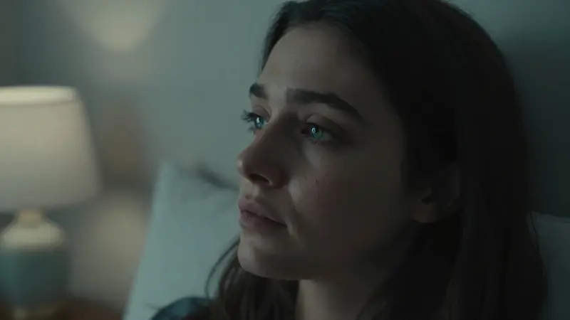 Primer plano de una mujer con el cabello oscuro, con diminutas motas oscuras que podrían ser piojos. Ambiente melancólico en un dormitorio tenuemente iluminado.