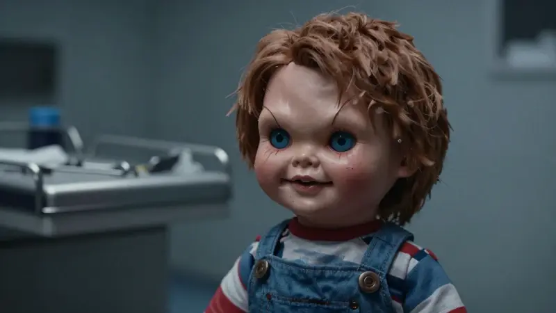 Muñeco Chucky, de aspecto vintage y desgastado, en un entorno que recuerda a un quirófano tenue y con instrumentos médicos borrosos.