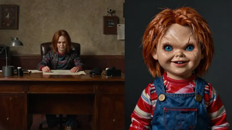 Pantalla dividida: a la izquierda, un consultorio de psicoanálisis con ambiente sombrío; a la derecha, una imagen hiperrealista del muñeco Chucky con expresión traviesa.