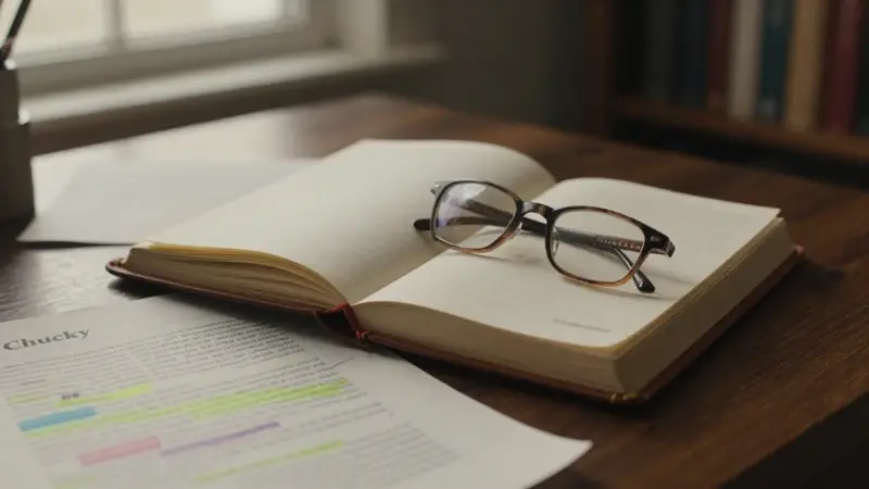 Diario de sueños antiguo abierto sobre un escritorio de madera oscura, con notas e investigaciones sobre el muñeco Chucky, en una atmósfera de estudio tenuemente iluminada.