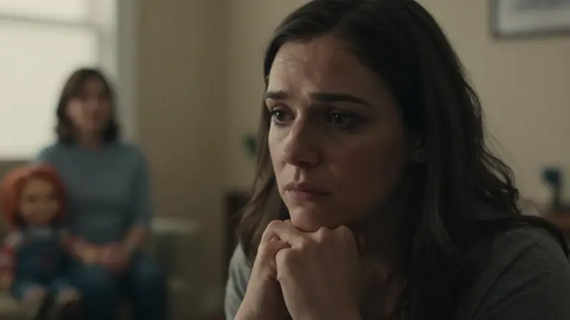 Mujer preocupada en terapia, con una muñeca Chucky difuminada en su regazo, en un consultorio con luz tenue.