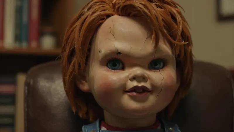 Primer plano de la cara de porcelana desgastada de Chucky, el muñeco, en un consultorio de psicólogo tenuemente iluminado con estanterías borrosas al fondo.