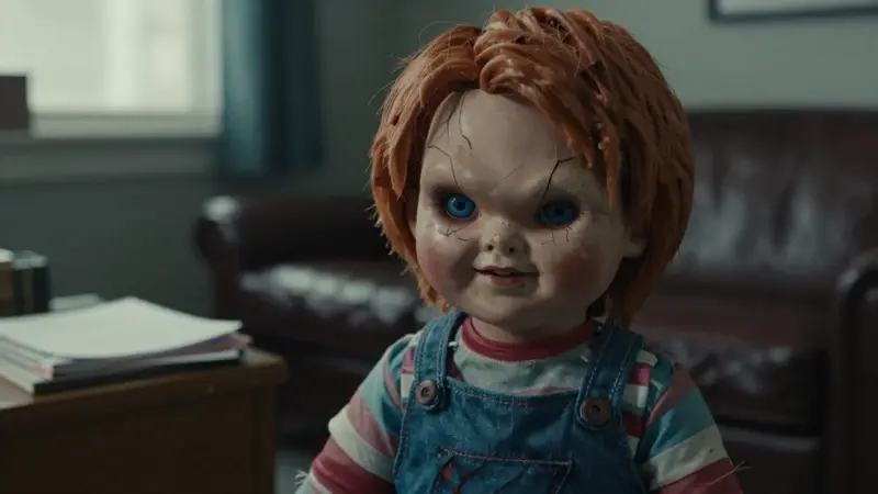 Primer plano de una muñeca Chucky de porcelana desgastada, con pintura agrietada y una mirada inquietante, en el interior de un consultorio de terapeuta tenuemente iluminado.