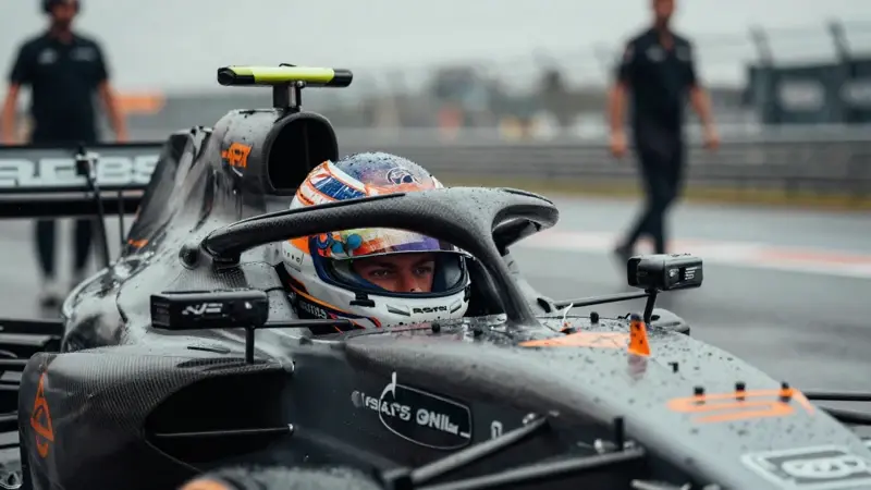 Piloto de Fórmula 1 con casco mojado mirando fijamente a través de la lluvia, en el pit lane durante una carrera.