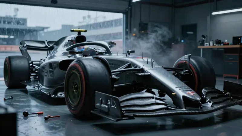 Monoplaza de Fórmula 1 parcialmente desmontado en un taller de alta tecnología, con herramientas y lluvia visible en la distancia.