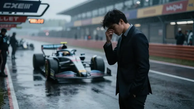 Figura solitaria en un pit lane de Fórmula 1 bajo la lluvia, reflejando luces de neón, con una expresión de intensa ansiedad.
